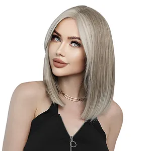 Lace front blonde Bob wig with natural middle part and straight silver ash hair texture