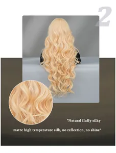 Detail of blonde wavy lace front wig showing matte high-temperature silk hair texture