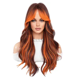 Long wavy wig with orange ombre and curtain bangs on a mannequin with white top