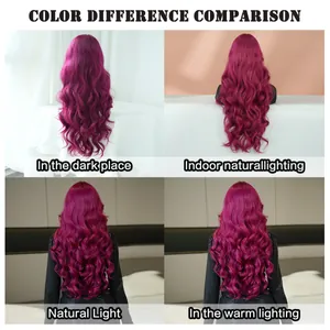 Perruque dentelle en T longue et ondulée magenta sous différentes conditions d'éclairage