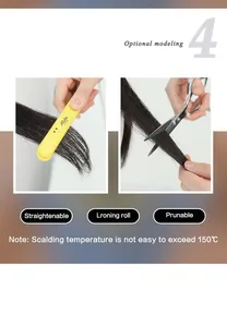 Heat-resistant synthetic hairpiece detail showing trimming and straightening at 150°C