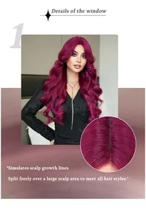 Détail de la perruque lace wig bordeaux avec cuir chevelu réaliste et longues ondulations