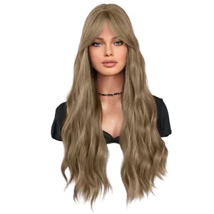 Long wavy synthetic wig with French bangs in ash brown, professional front view on mannequin