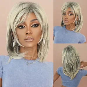Synthetic Platinum Blonde Layered Wig With Bangs Medium Length Heat Resistant Ash Blonde Shag Hair For Women Hairstyle Change