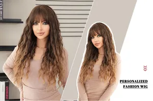 Detailed view of long deep wave ombre wig with bangs in dark brown to honey blonde