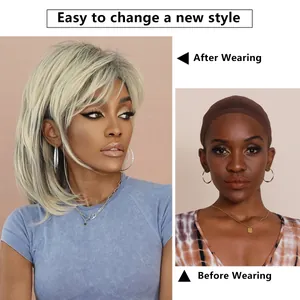 70s layered ash blonde shoulder-length synthetic wig with dark roots before after look