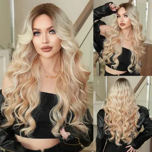 Long Wavy Synthetic Lace Front Wig For Women Ombre Brown Platinum Blonde Heat Resistant Fiber Daily Party Hair Wigs
