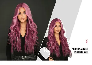 Detail showing long wavy synthetic wig with purple to pink gradient and lace parting