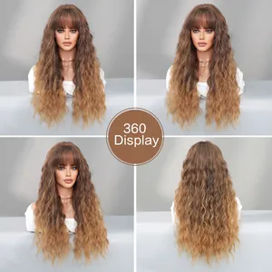 360-degree view of deep wave ombre brown wig with bangs for women in four perspectives