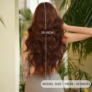 Long wavy coco brown 28 inch synthetic hair wig for women with side bangs back view