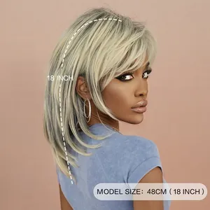 18-inch ash blonde layered wig for women featuring shoulder-length synthetic hair fibers