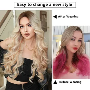 Long wavy blonde ombre lace front wig showing a before and after transformation view