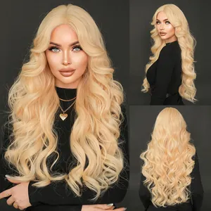 Long Wavy Synthetic Lace Front Wig For Women Platinum Blonde Ombre Brown Heat Resistant Fiber Middle Part Natural Looking Hair Wig