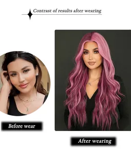 Side-by-side comparison showing natural black hair transformed into long wavy pink lace wig