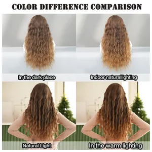 Deep wave wig hair color comparison under dark, natural, indoor, and warm lighting
