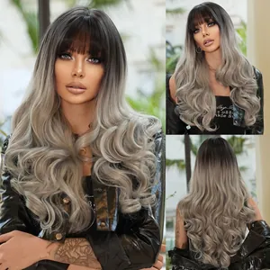 Perruque Synthétique Longue Bouclée Dégradé Gris Argenté Avec Frange Grandes Vagues Postiche Résistant à la Chaleur Pour Femmes Fête