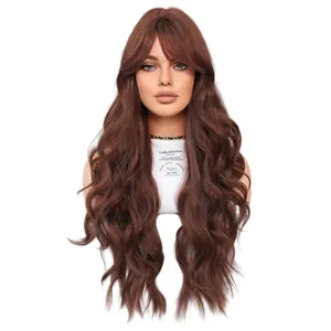 Long wavy dark reddish brown synthetic wig with French bangs shown on model front view