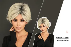 Detailansicht der gestuften Pixie-Perücke in Platinblond mit Ombré-Effekt