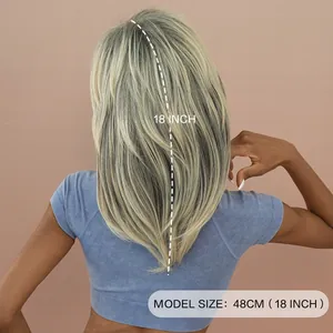 18-inch ash blonde layered wig for women featuring dark roots and textured shoulder length