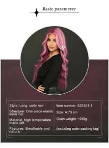 Detailed view of long curly pink-purple gradient wig with 73cm length and breathable net