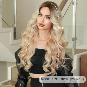 28 inch long wavy lace front wig in platinum blonde ombré finish for women