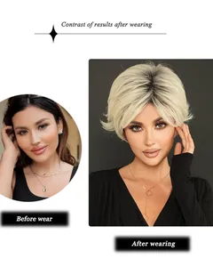 Vorher-Nachher-Vergleich einer blonden Ombré-Pixie-Perücke mit dunklem Haaransatz im Detail