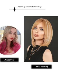 Détail d'une perruque bob blonde méchée montrant la transformation de la coiffure