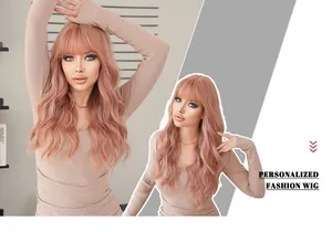 Detail of soft wavy pink brown long wig with bangs and natural hair texture