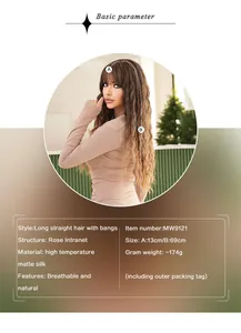 Detail view of 69cm long wavy brown wig with bangs and breathable rose net structure
