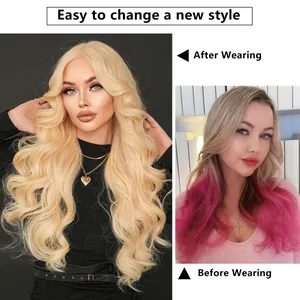 Long wavy blonde synthetic lace wig 24-26 inch before and after transformation view