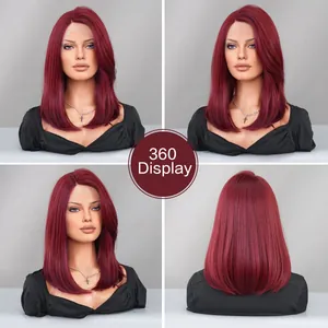 Vue à 360 degrés de la perruque lace front bordeaux avec cheveux raides mi-longs