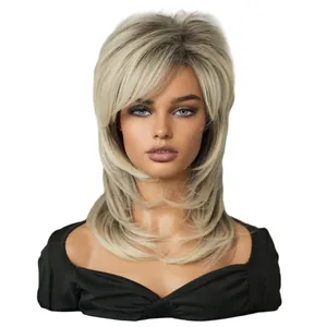 Layered ash blonde shoulder-length wig with bangs for women, front view on model