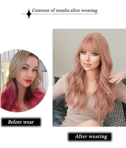 Before and after contrast showing the volume of pink brown long wavy wig with bangs