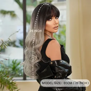 Perruque longue ondulée dégradé gris argenté de 26 pouces avec frange pour cosplay
