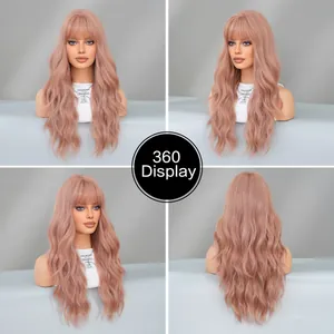 Detailed 360-degree view of long wavy pink wig with blunt bangs from all angles