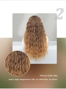Detail showing the natural texture of ombre linen brown long deep wave synthetic hair wig