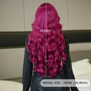 Perruque T-part lace de 28 pouces avec longs cheveux synthétiques ondulés couleur magenta