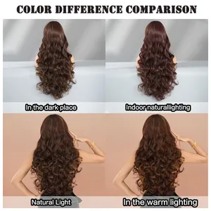 Comparaison de couleur de cheveux longs bouclés bruns sous lumière intérieure et extérieure