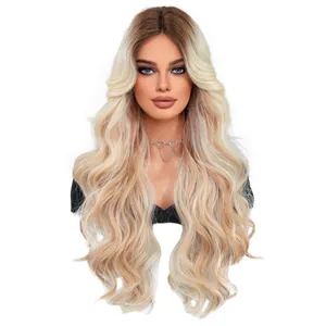 Long wavy ombre blonde lace front wig with dark roots and deep wave texture for women