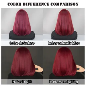 Comparaison de couleur de perruque bordeaux sous lumière intérieure et naturelle