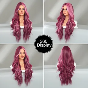 360-degree view of pink and deep purple ombre long wavy lace wig for women