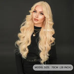 28 inch long wavy platinum blonde lace wig for women with realistic center part texture