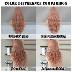 Detailed color comparison of pink wavy wig under different lighting environments