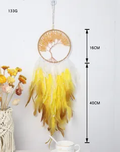 Detail view of woven Tree of Life dream catcher with yellow crystals and feathers