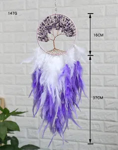 Macro detail of Tree of Life dream catcher with purple crystal stones and feathers