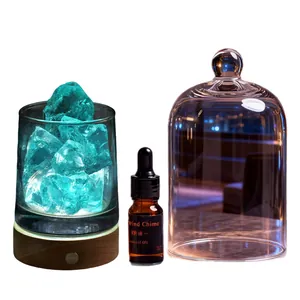 Natural crystal stone aroma diffuser set with blue stones, wooden base, and glass cover