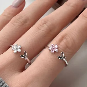 S925 Sterling Silver Flower Butterfly Open Ring For Women Adjustable Inlaid Zirconia Fashion Korean Style Jewelry Ring