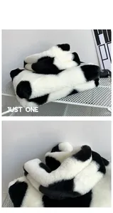 Vue macro détaillée du tissu en peluche à motif vache avec texture épaisse en fausse fourrure