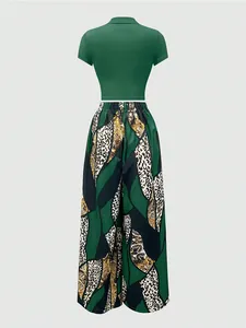 Back view detail of deep green short polo top and high-waisted leopard print wide-leg pants