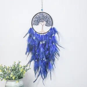 Blue Tree of Life dream catcher with natural feathers for bohemian wall hanging decor